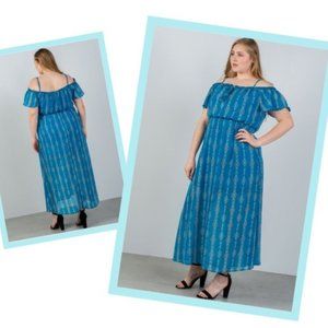 Blue Maxi Dress Geometric Cold Shoulder Plus Sz 2X